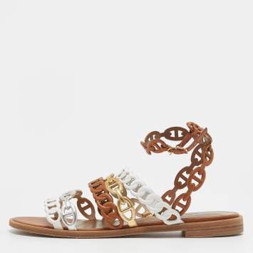 Pre Owned Hermès Tricolor Leather D'ancre Chaine Flat Sandals Size 36.5