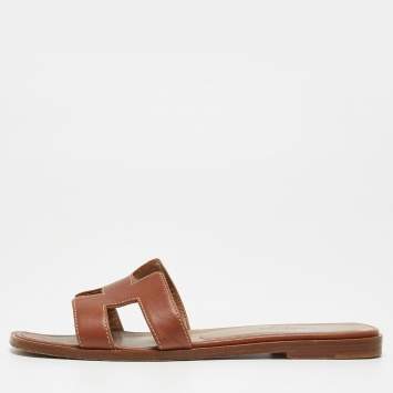 Pre Owned Hermes Brown Leather Oran Slides Size 36 