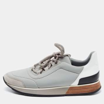 Pre Owned Hermes Grey/White Leather and Fabric Buster Sneakers Size 38