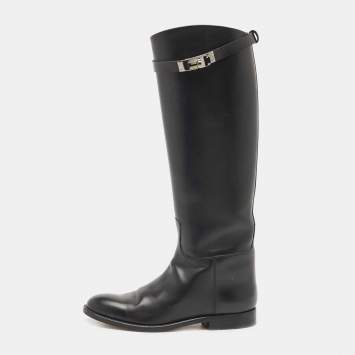 Pre Owned Hermes Black Leather H Jumping Knee Length Boots Size 37
