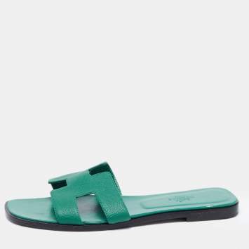 Pre Owned Hermes Green Leather Oran Flat Slides Size 42