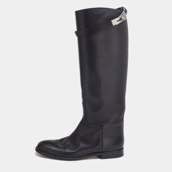 Pre Owned Hermes Black Leather  H Jumping Knee Length Boots Size 38