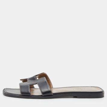 Pre Owned Hermes Black Leather Oran Flat Slides Size 38