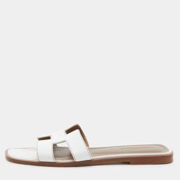 Pre Owned Hermes White Leather Oran Flat Slides Size 38