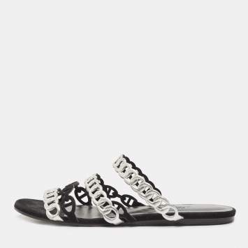 Pre Owned Hermes Black/Silver Leather and Suede Chaine d'Ancre Flat Slides Size 38 