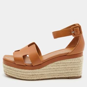 Pre Owned Hermes Tan Leather Elda Espadrille Sandals Size 38
