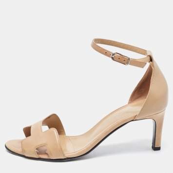 Pre Owned Hermes Brown Leather Premiere Ankle Strap Sandals Size 38