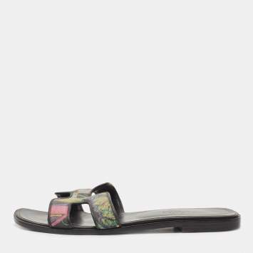 Pre Owned Hermes Multicolor Modernisme Tropical Print Canvas Oran Flat Slides Size 38.5