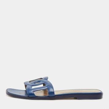 Pre Owned Hermes Blue Leather Aloha Slide Flats Size 39