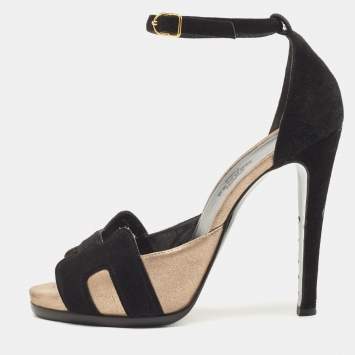 Pre Owned Hermes Black/Gold Metallic Suede Premiere 70 Sandals Size 37