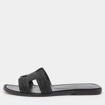 Pre Owned Hermes Black Suede Crystal Embellished Oran Slide Flats Size 38 