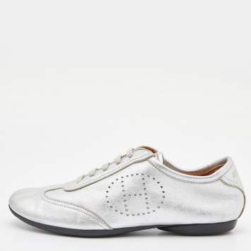 Pre Owned Hermes Silver Leather Pewter Perforated H Lace Up Sneakers Size 38