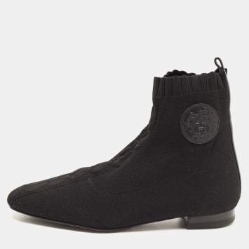 Pre Owned Hermes Black Knit Fabric Duo Ankle Boots Size 37