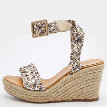 Pre Owned Hermes Metallic Woven Leather Sophia Espadrille Wedge Sandals Size 39