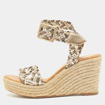 Pre Owned Hermes Metallic Woven Leather Sofia Espadrille Wedge Sandals Size 39