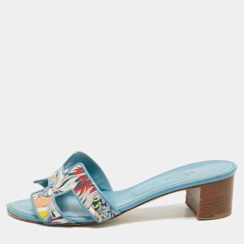 Pre Owned Hermes Blue Printed Oasis Sandals Size 36