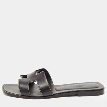 Pre Owned Hermes Black Leather Oran Flat Slides Size 40  