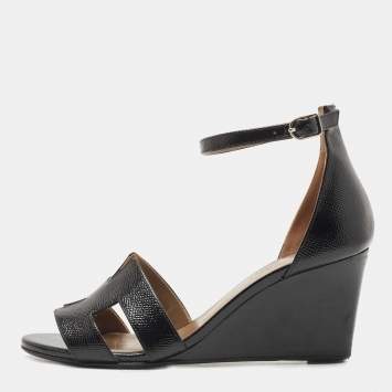 Pre Owned Hermes Black Patent Leather Legend Wedge Ankle Strap Sandals Size 37.5