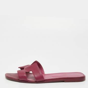 Pre Owned Hermes Purple Leather Oran Flat Slides Size 42