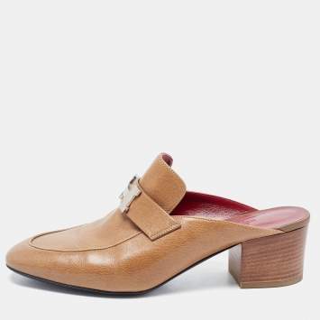 Pre Owned Hermes Brown Leather Oz Mules Size 38.5  