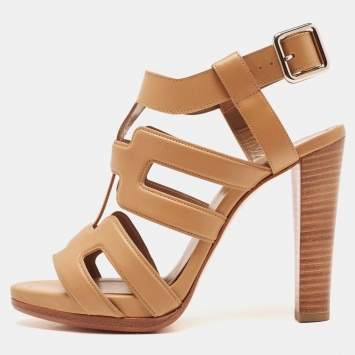 Pre Owned Hermes Brown Leather Strappy Slingback Sandals Size 38