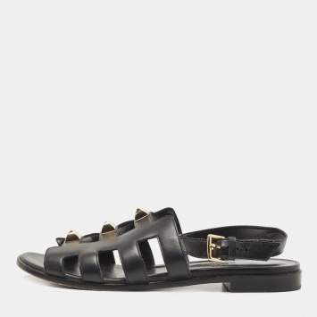 Pre Owned Hermes Black Leather Studded Slingback Sandals Size 37.5