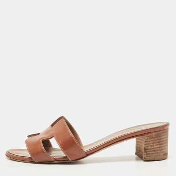 Pre Owned Hermes Brown Leather Oasis Slide Sandals Size 37