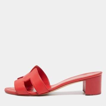 Pre Owned Hermes Red Leather Oasis Slide Sandals Size 38