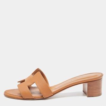Pre Owned Hermes Brown Leather Oasis Slide Sandals Size 36.5