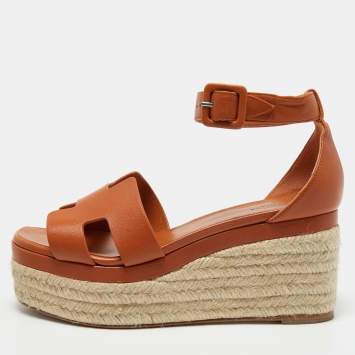 Pre Owned Hermes Brown Leather Ilana Wedge Espadrille Sandals Size 38