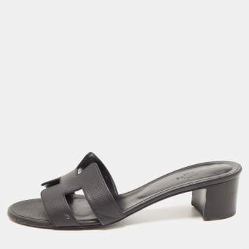 Pre Owned Hermes Black Leather Oasis Block Heel Slide Sandals Size 38.5