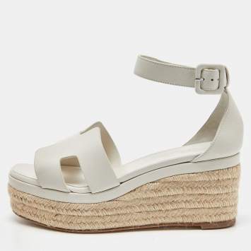 Pre Owned Hermes Off White Leather Elda Wedge Platform Ankle Strap Espadrilles Size 39