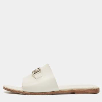 Pre Owned Hermes White Leather Villa  Flat Slides Size 38.5   