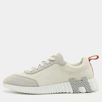 Pre Owned Hermes White/Grey Suede and Mesh Bouncing Sneakers Size 41