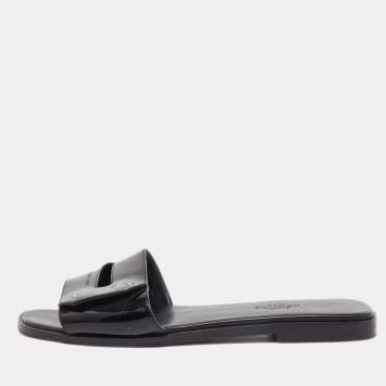 Pre Owned Hermes Black Patent Leather View Flat Slides Size 37