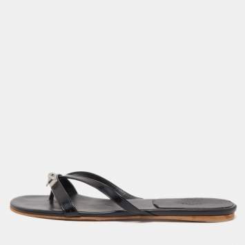 Pre Owned Hermes Black Leather Corfu Thong Flat Sandals Size 41