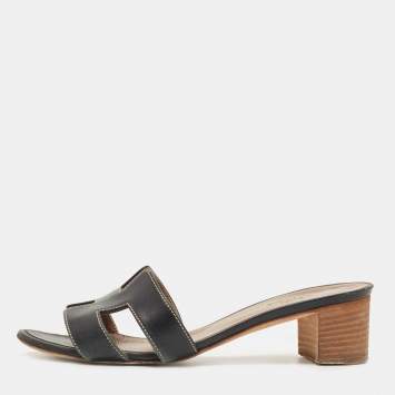 Pre Owned Hermes Black Leather Oasis Slide Sandals Size 36 