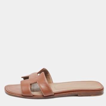 Pre Owned Hermes Brown Leather Oran  Sandals Size 36