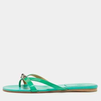 Pre Owned Hermes Green Patent Leather Corfou Thong Flats Size 41