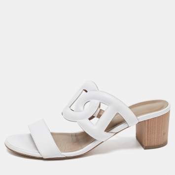 Pre Owned Hermes White Leather Bikini Slide Sandals Size 38