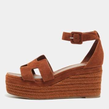 Pre Owned Hermes Brown Suede Elda Espadrille Sandals Size 37
