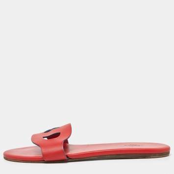 Pre Owned Hermes Red Leather Lisboa Slide Flats Size 39