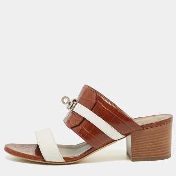 Pre Owned Hermes Brown Crocodile and Leather Ovation Slide Sandals Size 38
