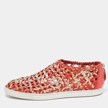 Pre Owned Hermes Orange/Yellow Printed Woven Fabric and Leather Oxygene Sneakers Size 40