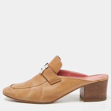 Pre Owned Hermes Brown Leather Paradis Mules Size 38