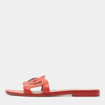 Pre Owned Hermes Orange Leather Omaha Slide Flats Size 37.5
