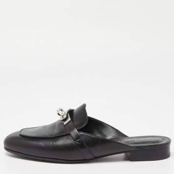 Pre Owned Hermes Black Leather Oz Mules Size 38