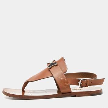 Pre Owned Hermes Brown Leather Galerie Slingback Flat Sandals Size 38.5