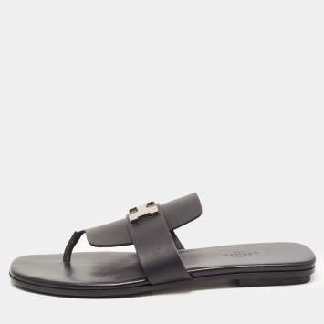 Pre Owned Hermes Black Leather Galerie Thong Flats Size 39