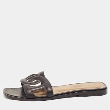 مملوكة مسبقًا Hermes Black Leather Aloha Flat Slides Size 36